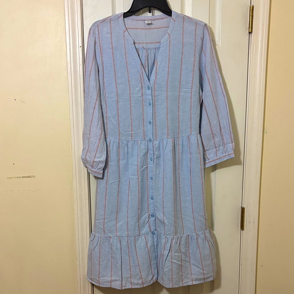 Old Navy Light Blue & Red Striped Tiered Shirt Dress
